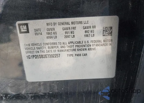 2014 Chevrolet Cruze 1Lt Manual z USA, uszkodzony, nr VIN 1G1PD5SB2E7392257